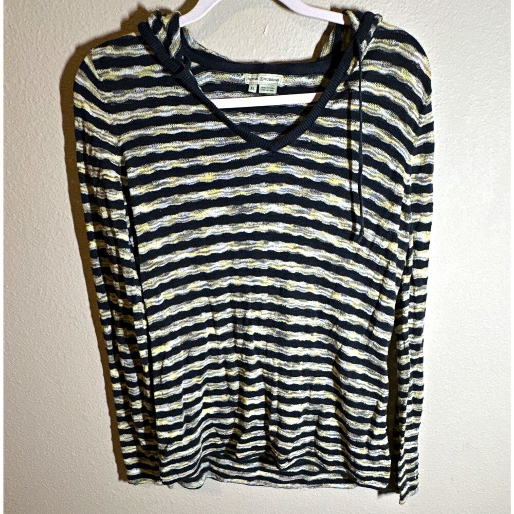 Royal Robbins Women’s Striped Pullover Hoodie Black White Yellow Size XL